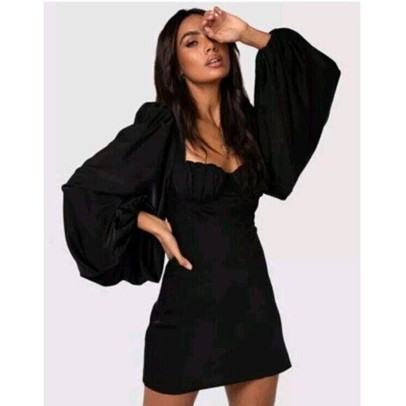 Jagger & Stone Liv Black Satin Balloon Long Sleeve Peasant Mini Bodycon Dress 8 - Picture 1 of 6